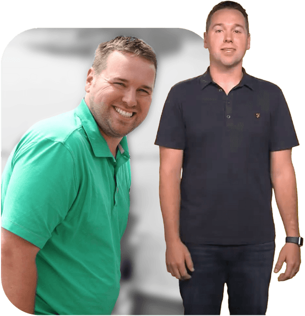 Two men, one in a green shirt and the other in a black shirt with a logo, standing side by side against a plain background.