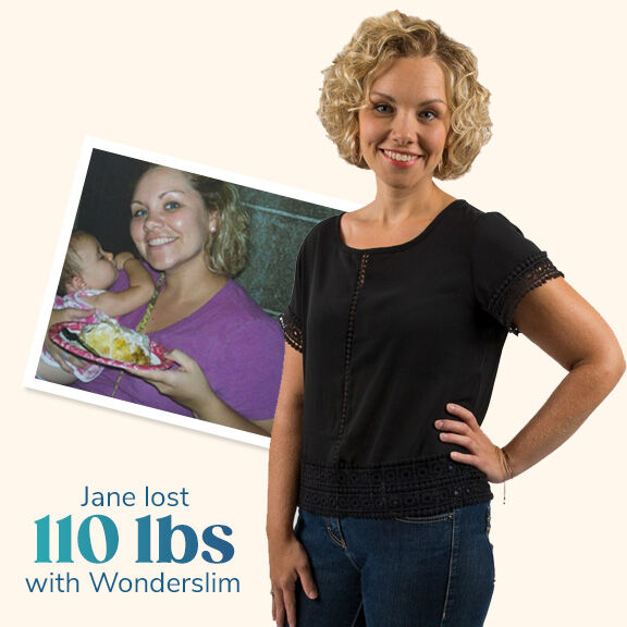 Jane lose 110 lbs on Wonderslim. Image of Jane before & after