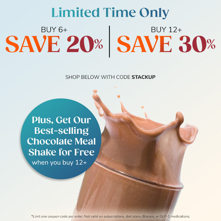 Limited Time Only
Buy 6+, Save 20%
Buy 12+, Save 30%
Plus, Free Wonderslim Chocolate Meal Shake
Shop below with code STACKUP