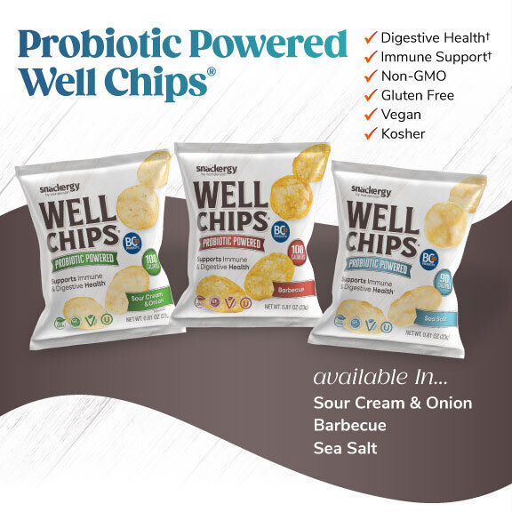 Probiotic Powered Well Chips. Digestive Health. Immune Support. Non-GMO. Gluten Free. Vegan. Kosher.