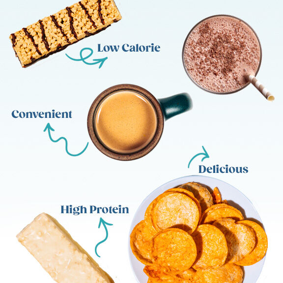 Protein & Fiber Bar, Protein Hot Cocoa, Protein Meal Shake, Pea Protein Chips