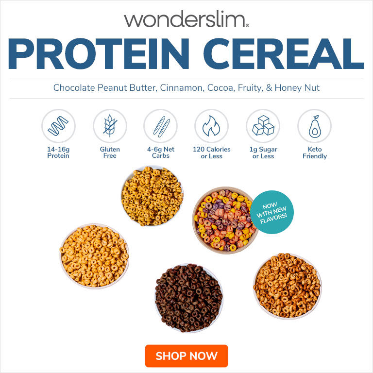 WonderSlim Protein Cereal - Available in Chocolate Peanut Butter, Cocoa, Cinnamon, Honey Nut & Fruity