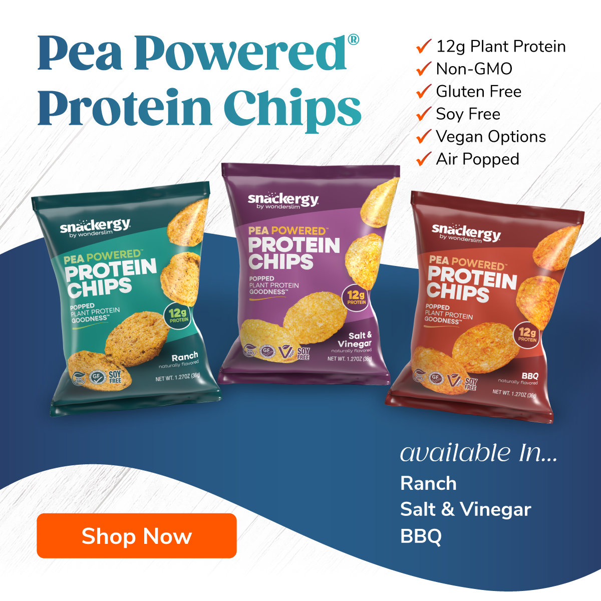 Pea Powered Protein Chips. 12g Plant Protein. Non-GMO. Gluten Free. Soy Free. Vegan Options. Air Popped. Show Now.